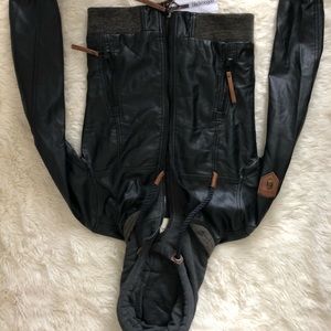 Hooded faux leather moto jacket